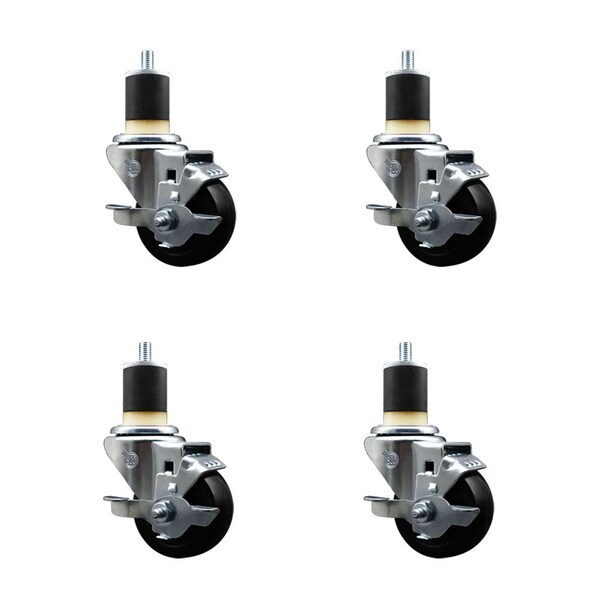 3'' SS Soft Rubber Swivel 1-7/8'' Expanding Stem Caster Set with Brake, 4PK
